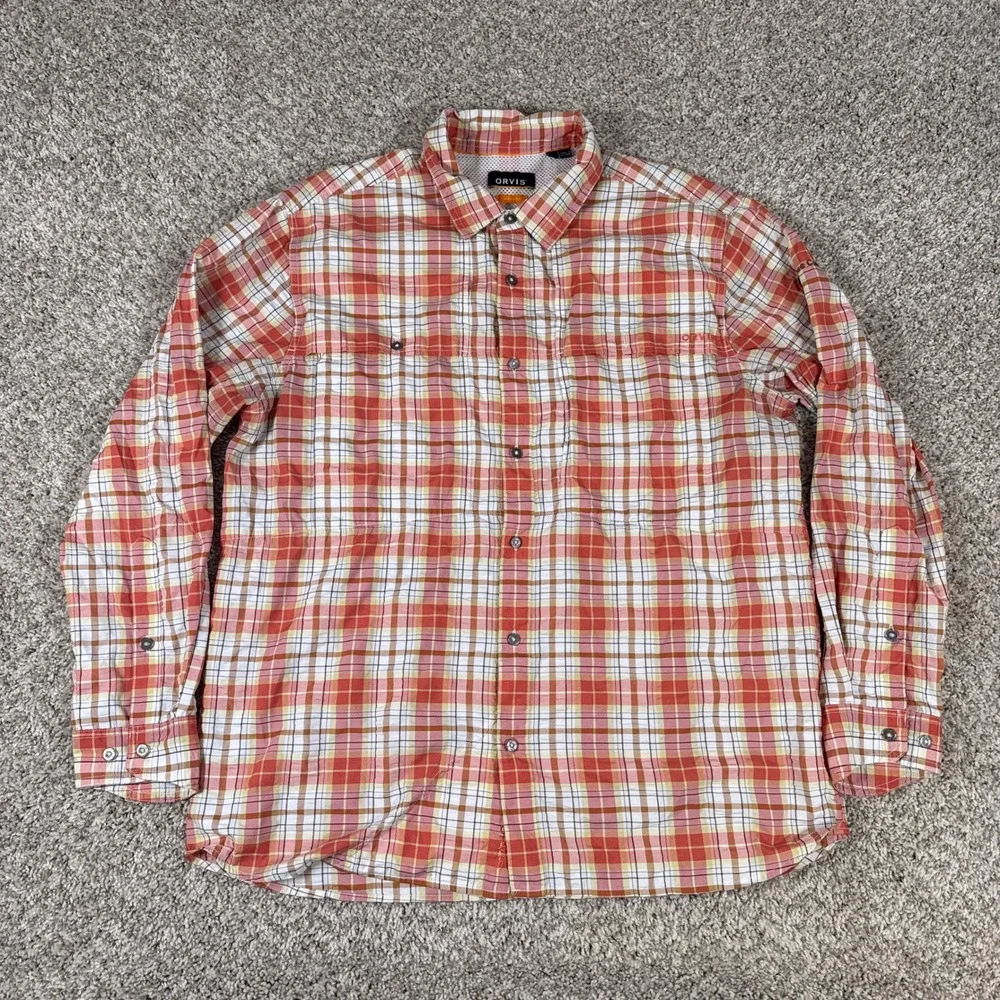 Orvis Shirt Mens Medium Orange Plaid‎ Active Fit Ventilated Fishing Button Down